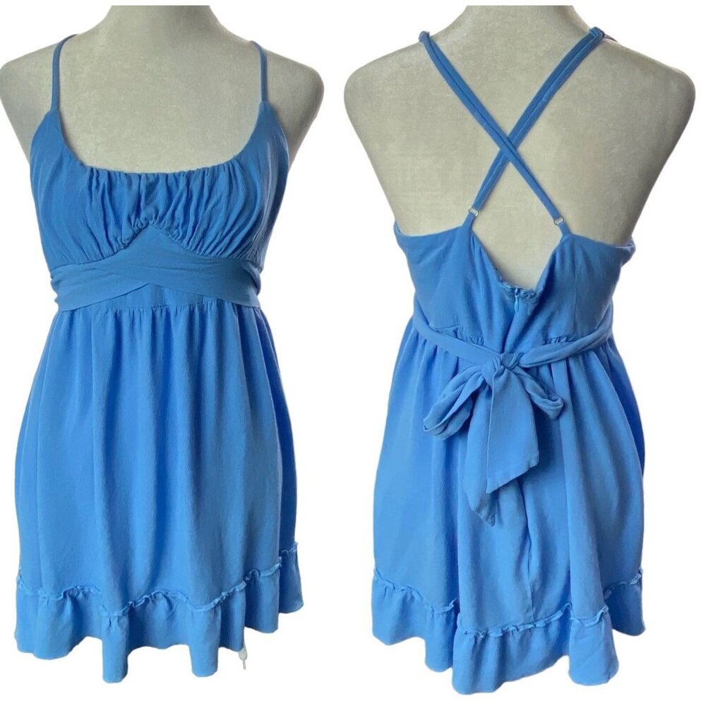SBETRO Women Mini Babydoll Dress Crisscross Back‎ Sz L Blue Party Summer 71-10